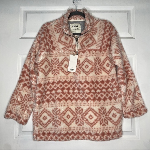 DYLAN Pink White Faux Fur Quarter Zip Pullover Sweater Size Small NWT